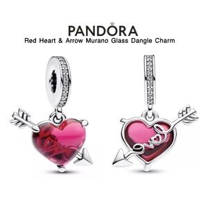 PANDORA Red Heart & Arrow Murano Glass Dangle Charm w/box
